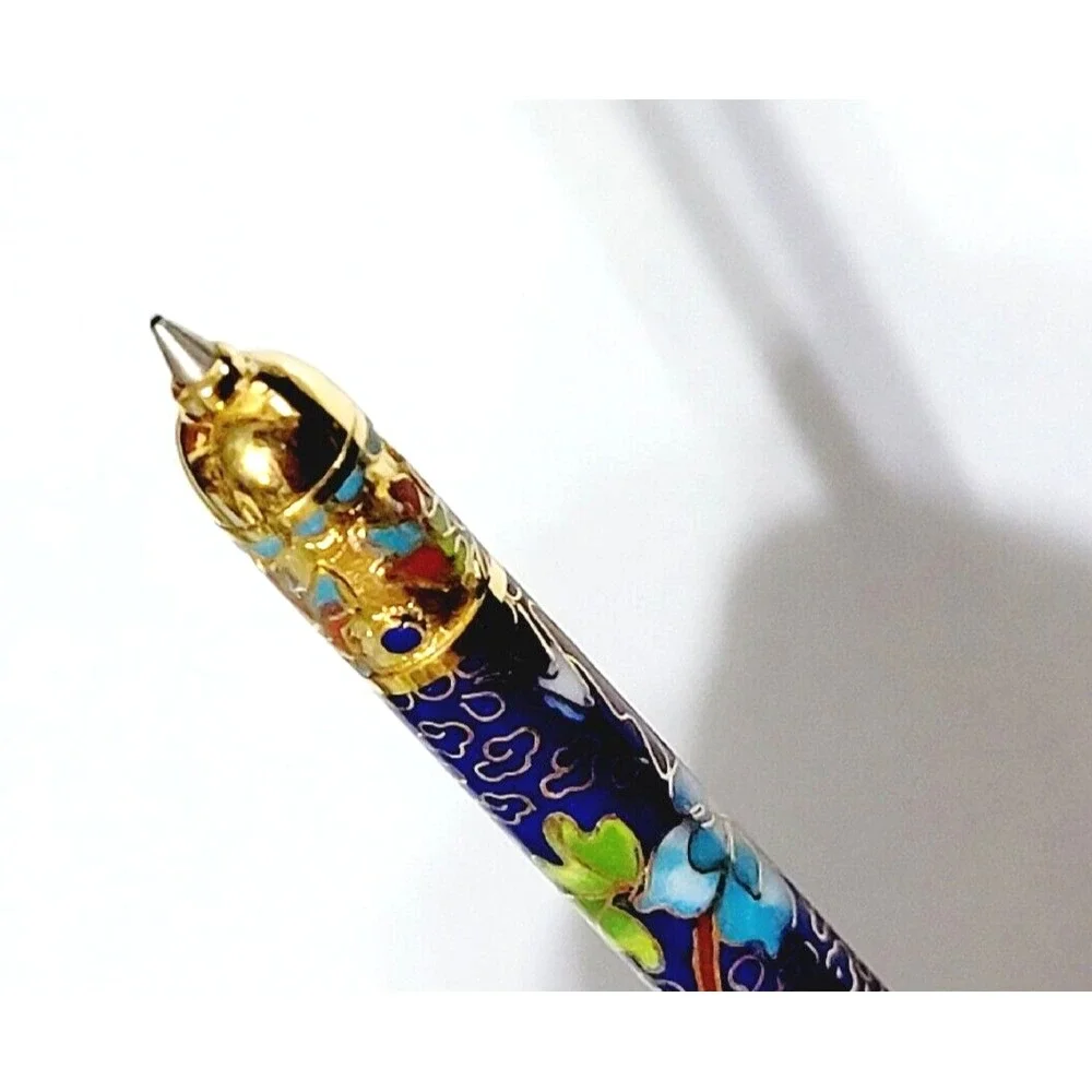 Vintage Blue Ink Pen Floral Cloisonne Retractable Gold Trim Gift Box